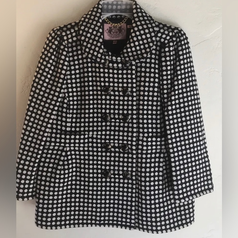 A Vintage Juicy Couture GEM! Cropped Navy & White Polka Dot Wool Pea Coat jacket
